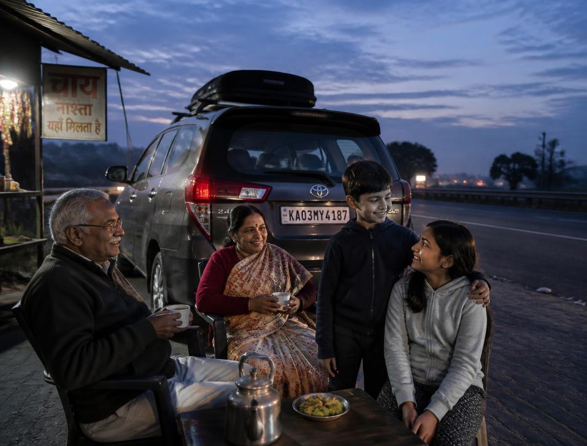 An Indian family resting at a highway tea stall at dawn beside their van